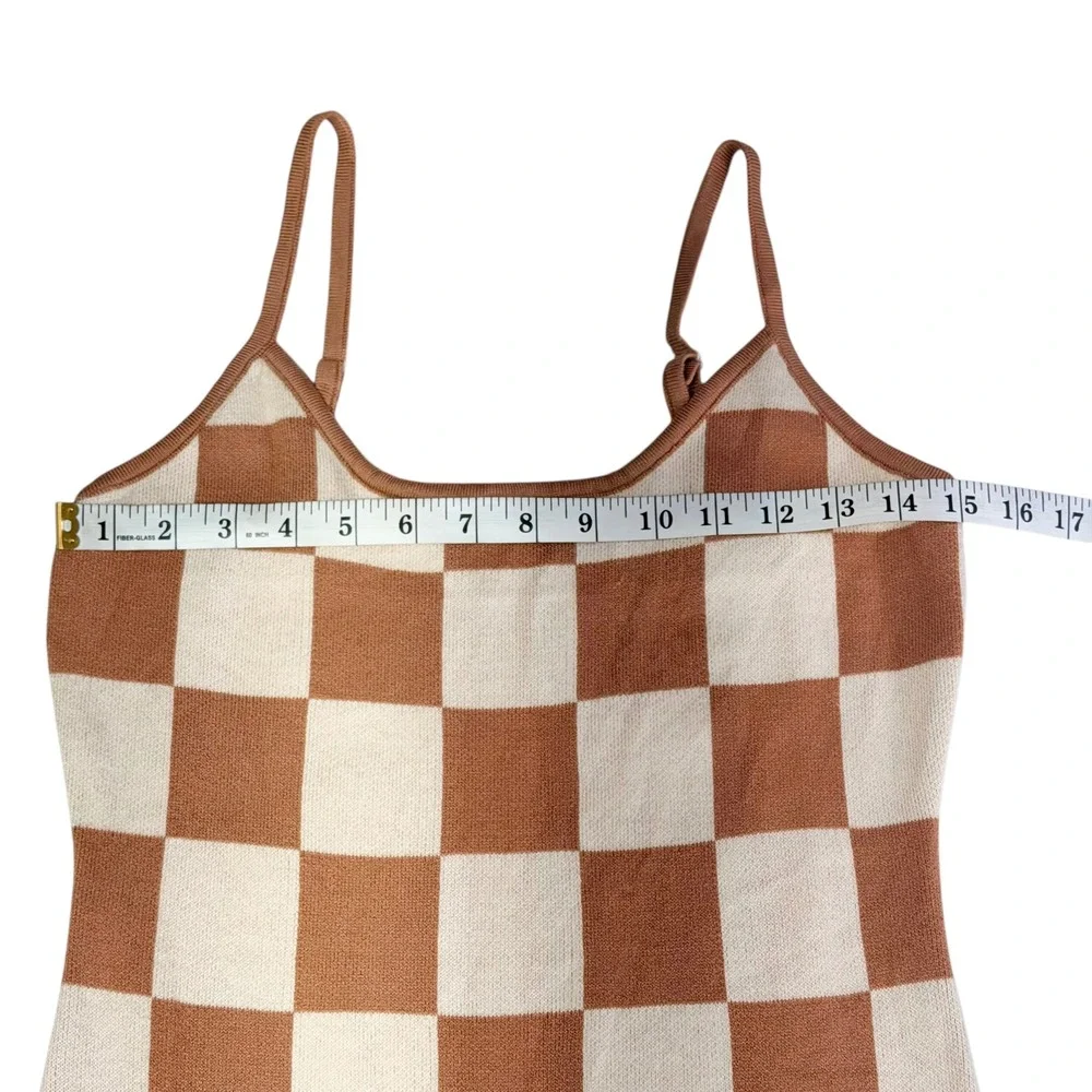 Checkered Maxi Dress M Retro Y2K 70s Brown Cream Bodycon Knit Vintage Inspired - Picture 6 of 9